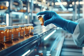 A rubber gloved hand holding a vial on an inspection line. A rubber gloved hand holding a vial on an inspection line.